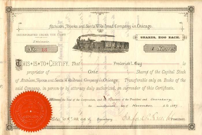 Atchison, Topeka and Santa Fe Railroad Co. in Chicago - Stock Certificate